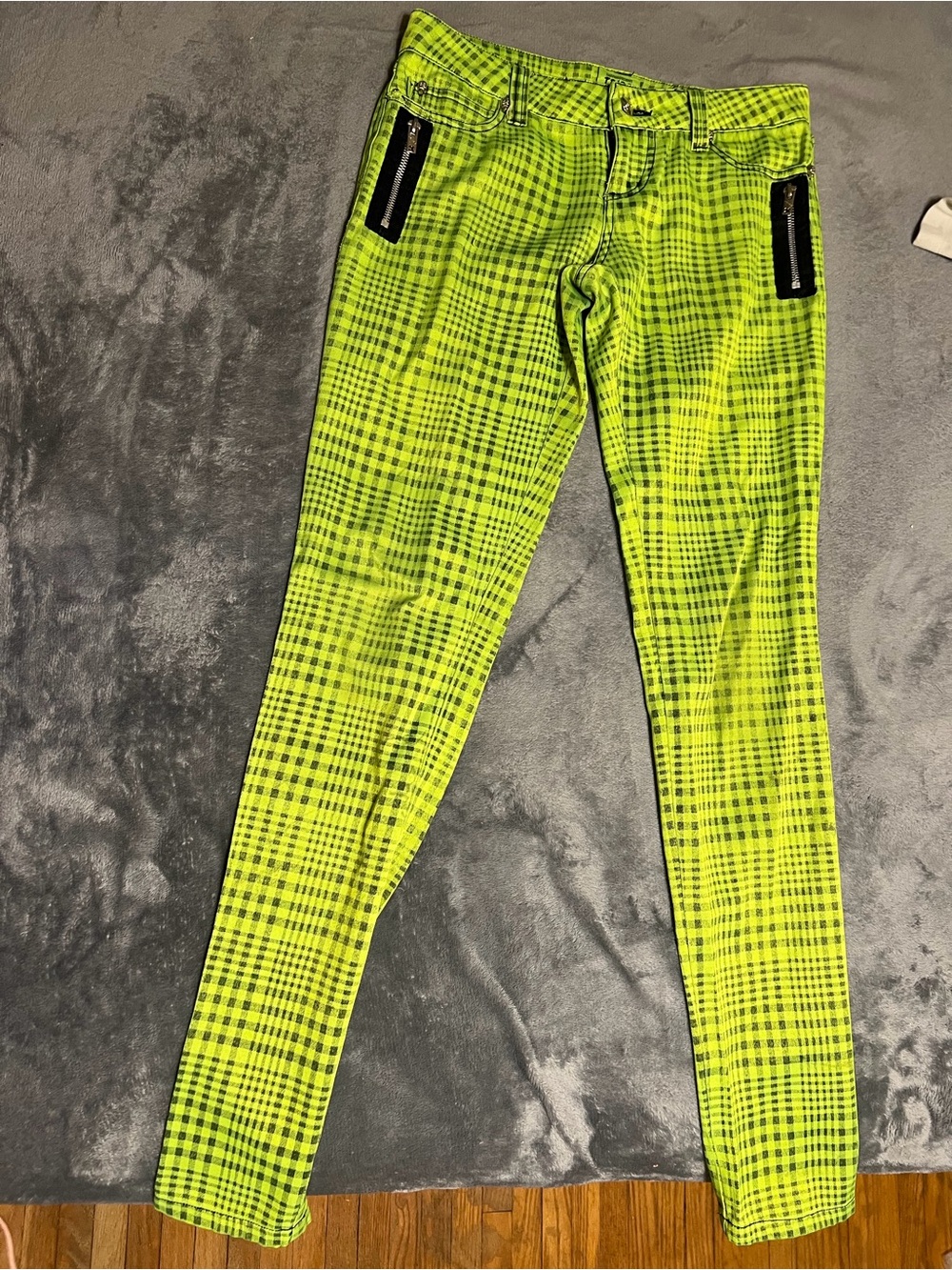 Tripp nyc Neon Yellow/Green Plaid Skinny Pants with Black Zip Accents